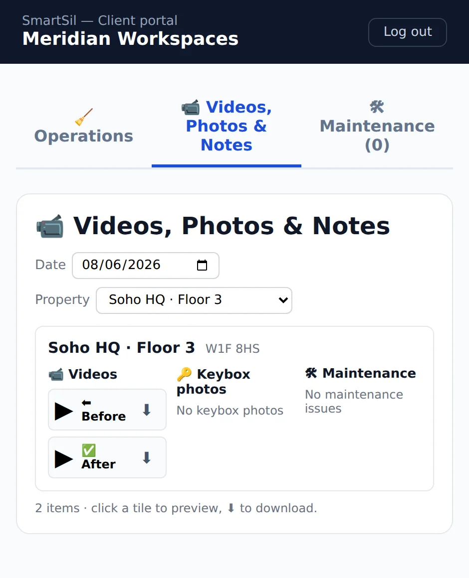Signed visit log, room-by-room checklist and defects reported with photo or video evidence
